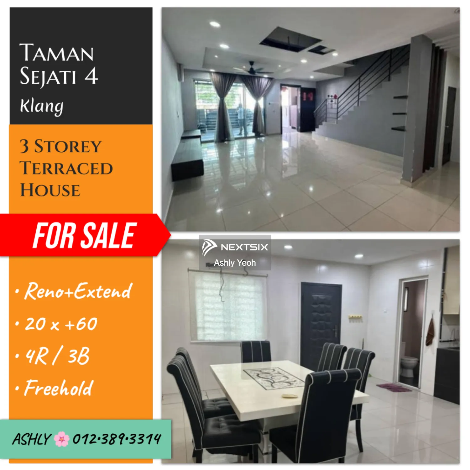 RENO+EXTEND 3 Storey House for Sale Rumah Teres untuk jual Taman Sejati 4 , Kota Raja , 41200 Klang, Selangor
